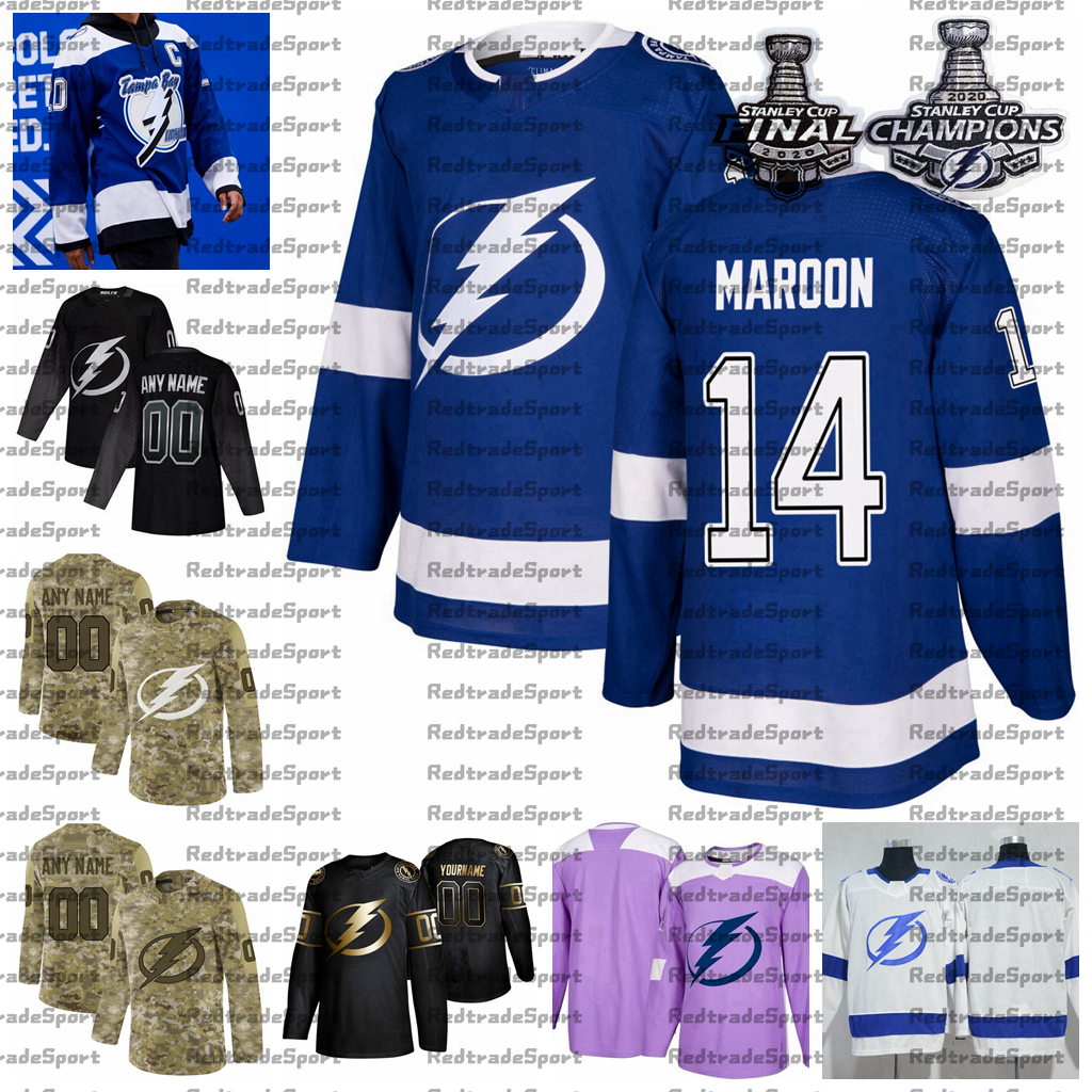 

2021 Reverse Retro Customize 14 Patrick Maroon Tampa Bay Lightning Champions Hockey Jersey Golden Edition Camo Veterans Day Fights Cancer, Black;red