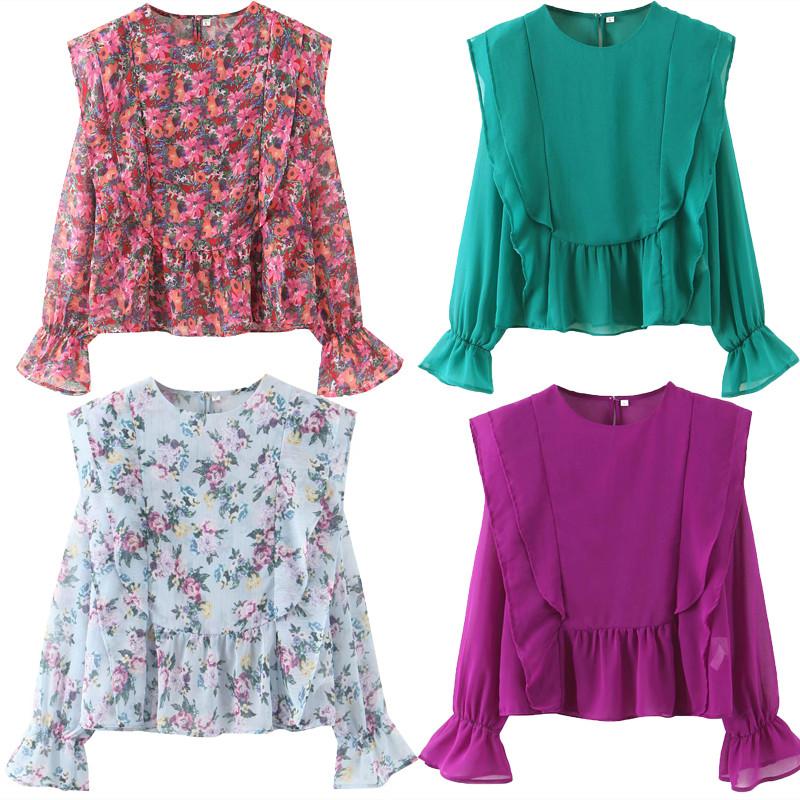 

2020 Ruffled Print Shirt Women Long Sleeve V-neck Blouse Elastic Cuffs Back Opening Fashion Chiffon Summer Woman Shirts