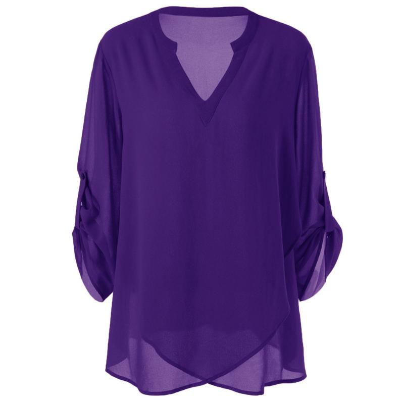 

Fashion Blouse Women Plus Size V-Neck Adjustable Sleeve Chiffon Solid Blouse Top Ladies Shirt Casual Female Blusas Femininas, Purple