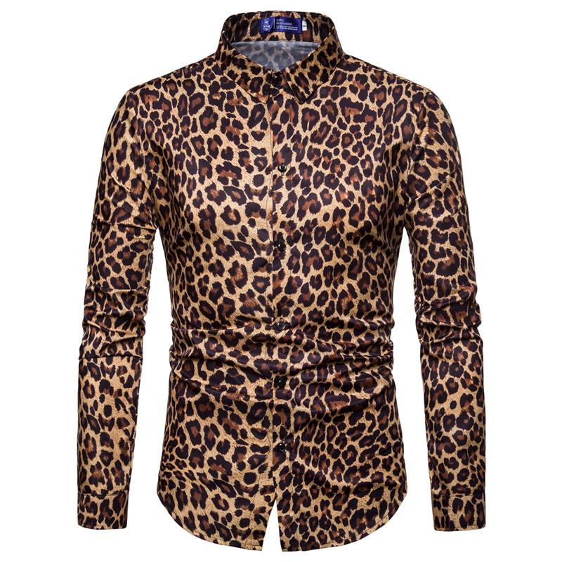 

Mens Trend Nightclub Leopard Print Shirt High Quality Long Sleeve Shirt Male Social Casual Party Chemise Homme Dress, White