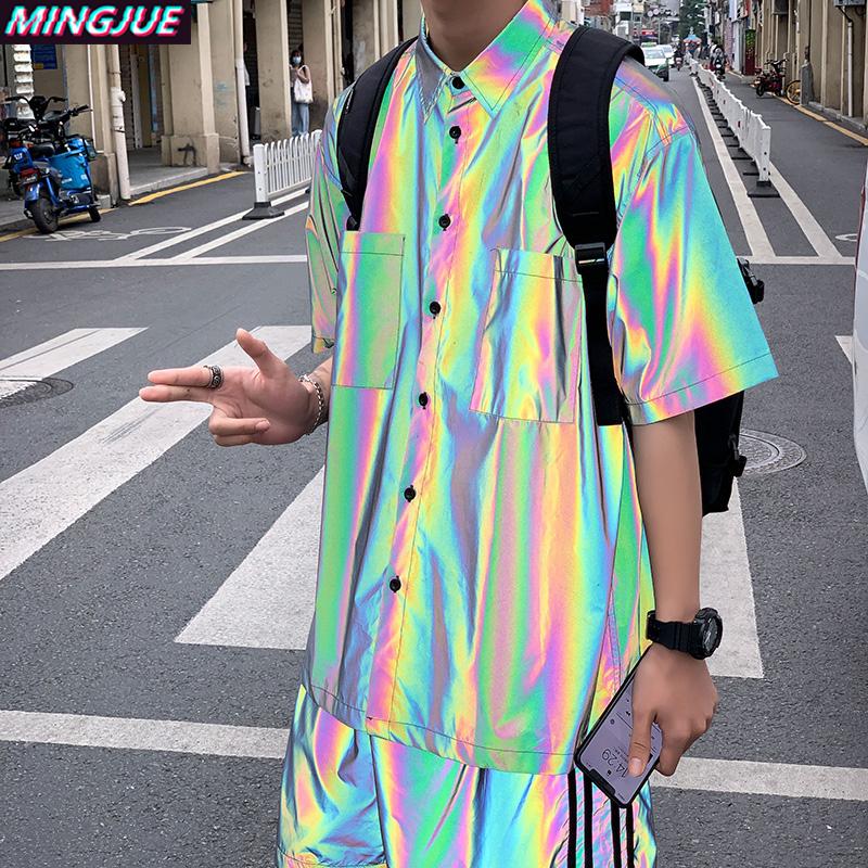 

French Gradient Loose Shirt Autumn Reflective Resort Sexy Shirt Men Stand Collar Rockabilly Button Camisa Hombre Shirts Eg50sh, Style1