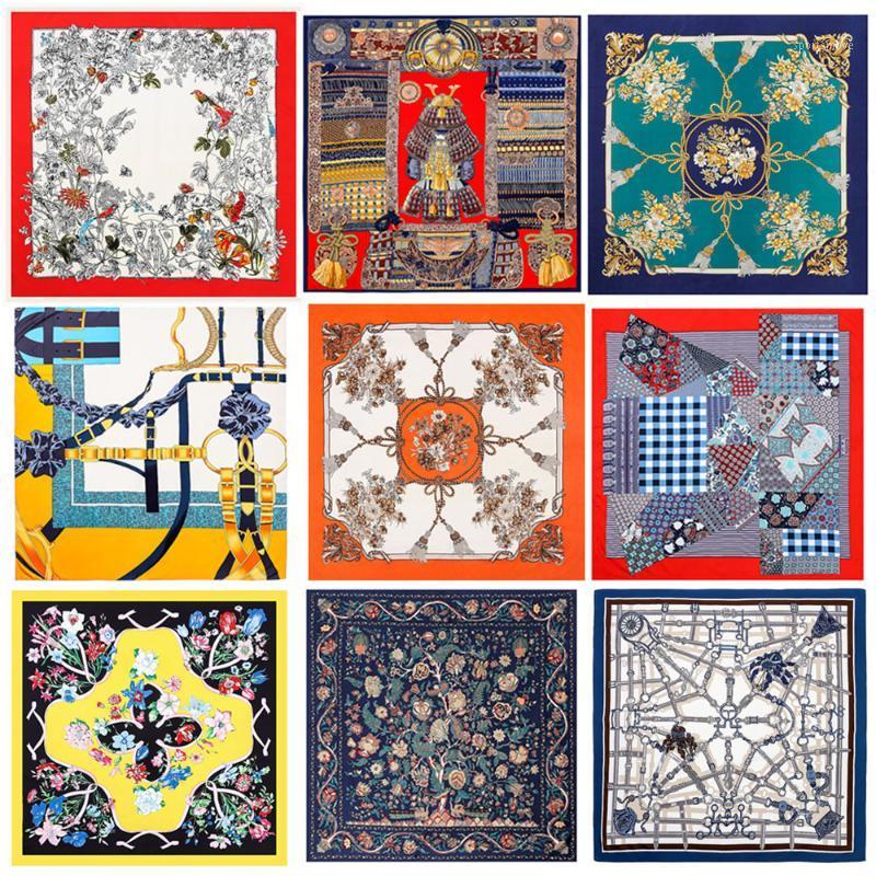 

High Quailty Silk Square Scarf Headband Female Ladies Scarf Flower Shawl Twill Print big Scarves 130*130CM1