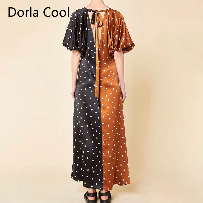 

High Street Dots Printed Women Thin Maxi Long Sleeve Sexy Lantern Designer V-neck Bow Femme Boho Dressed in Holiday Dress 44pf, Orange