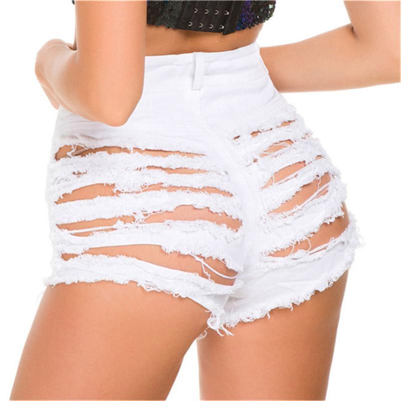 

Hollow Out Sexy Jeans Shorts For Women High Waist Shorts Female Wear Loose Denim Ripped with Holes, White