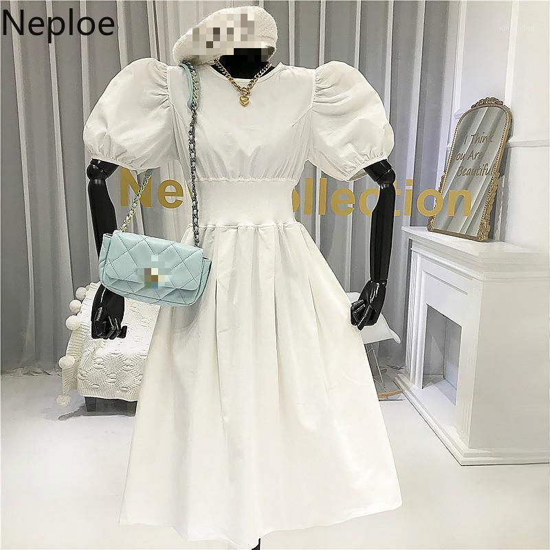 

Neploe Dress Women Summer 2020 French O Neck Short Puff Sleeve Ladies Vestidos Elegant Slim Waist A Line Female Dresses 1C5041, Green