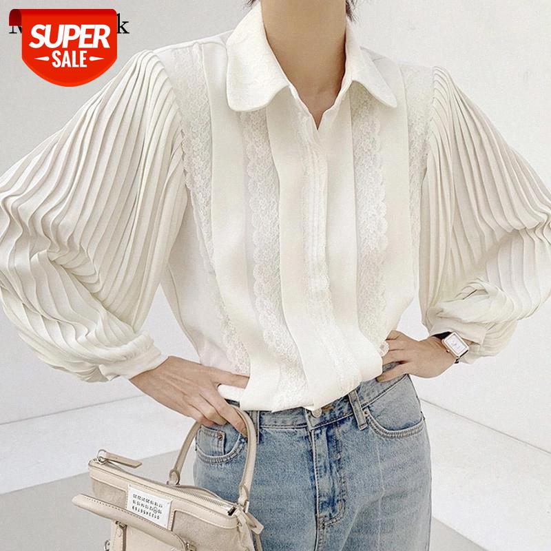 

Pleated Lace White Blouse Shirts For Women New Spring Puff Sleeve Casual Women Blouses Office Lady Loose Female Shirt Tops 12637 #bv96