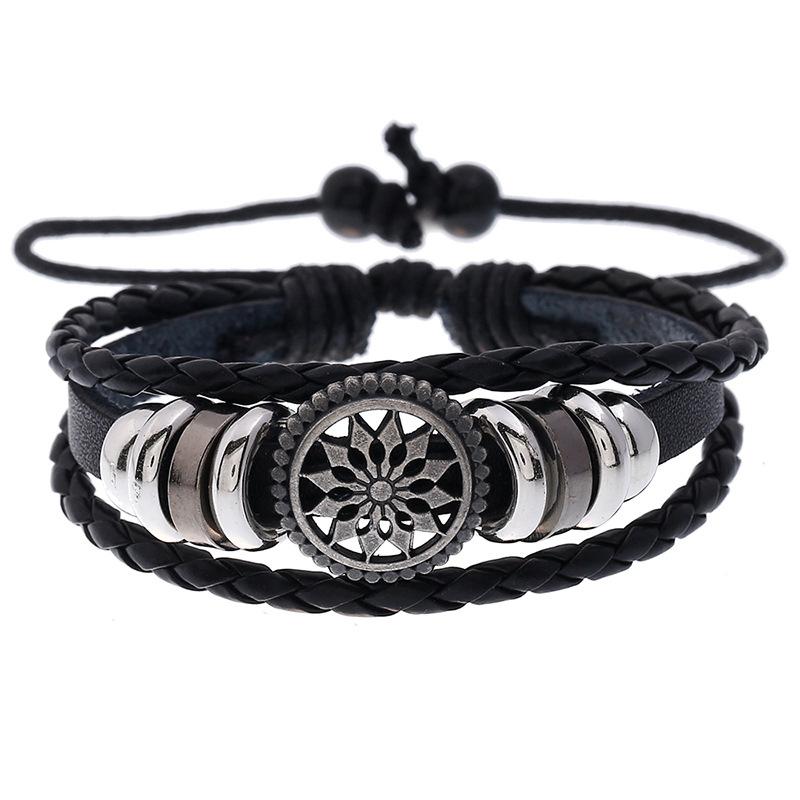 

Hot Sale Braided Bracelet Men Retro Alloy Sun Flower Leather Bracelets Adjustable Black Bangle Satanism Gothic Style