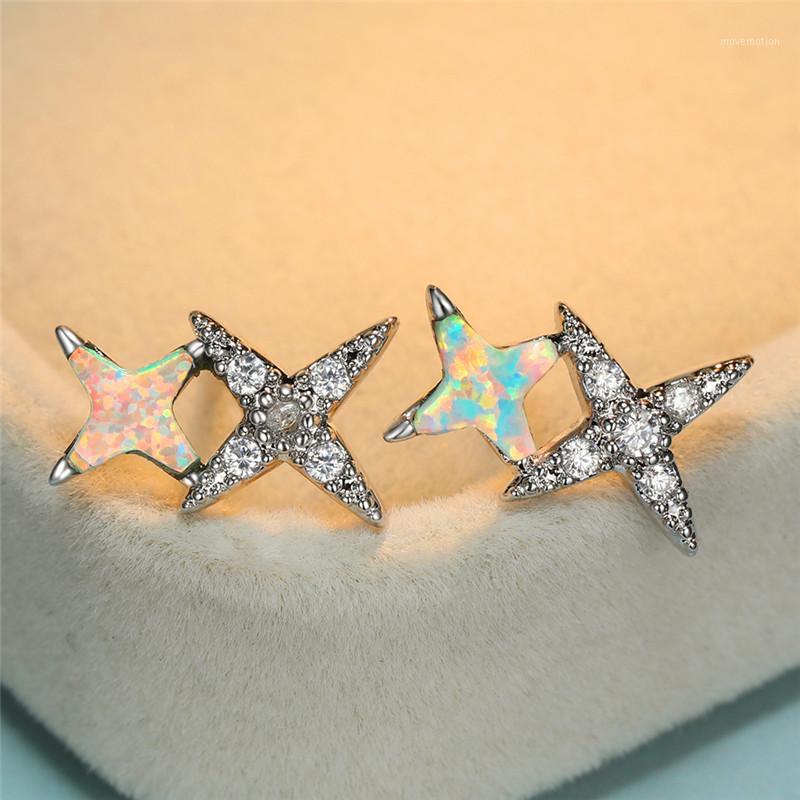 

Simple Female White Opal Stone Earrings Charm Silver Color Stud Earrings Elegant Bridal Cross Star Wedding For Women1