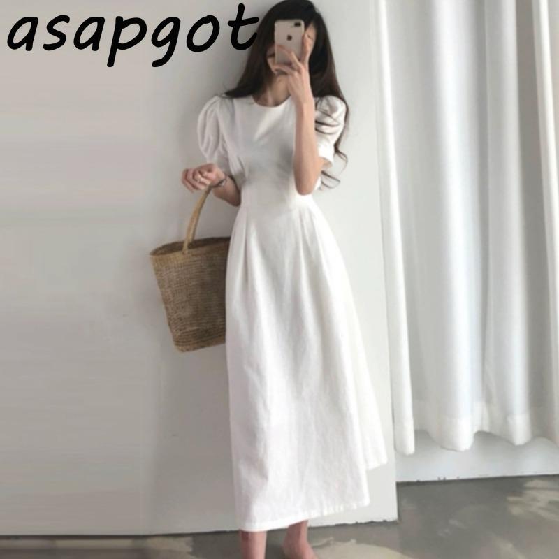 

Casual Dresses Minimalist Korean Chic Slim Lace Up Waist Solid Plus Size White Puff Sleeve A Line Cotton Linen Dress Women Vestido De Mujer, Black;gray
