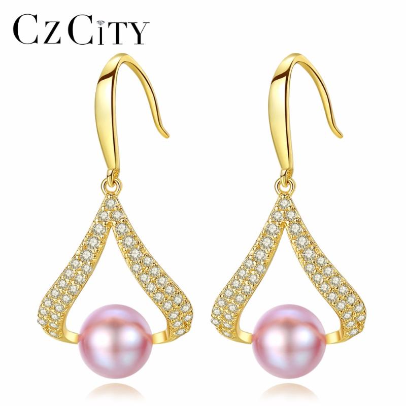 

CZCITY Fashion Round Fresh Natural Pearl Drop Earrings for Women 925 Silver Sterling Temperament Female Pearl Earrings Jewelry