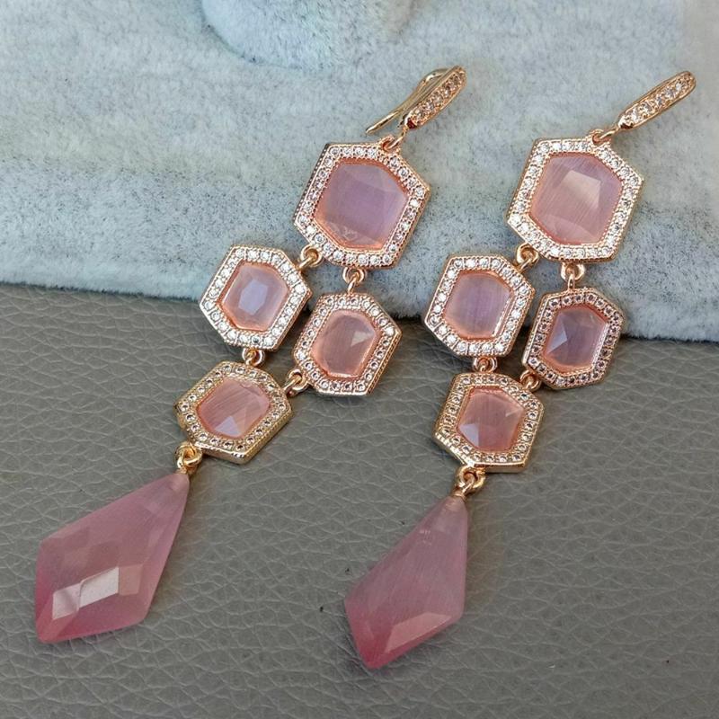 

Dangle & Chandelier Valentine's Day Gift Golden Plated Pink Green Cat Eye Cz Pave Hook Earrings