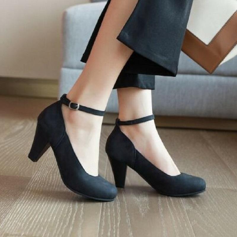 

Women High Heels Office Pumps Summer Sexy Buckle Strap Ladies Sandals Round Toe Chunky Heels Party Shoes Zapatos Mujer, Black
