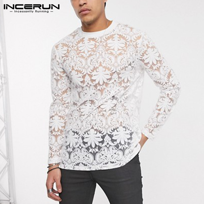 

Fashion Lace Printed Men T Shirt Long Sleeve Round Neck Casual Mens Tee Tops Sexy Transparent Party Nightclub T-shirts, White