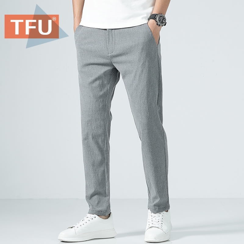 

TFU Spring New Men's Slim Casual Pants Fashion Business Stretch Trousers Male Summer Brand Plaid Zipper Pants Joggers Men 201126, Light gray
