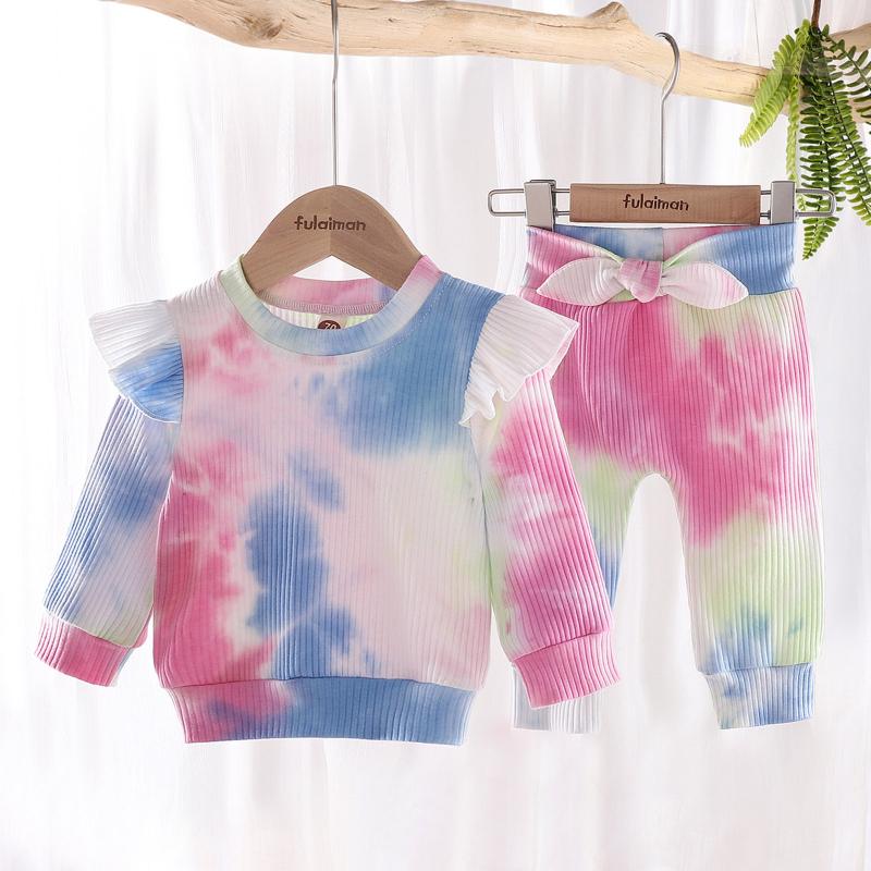 

Baby Kids Clothes Girl Tie-Dye Ruffle Winter Warm Tops+Pants Outfits Autumn Two Pieces Set Toddler Girl Clothes 6M-4Y
