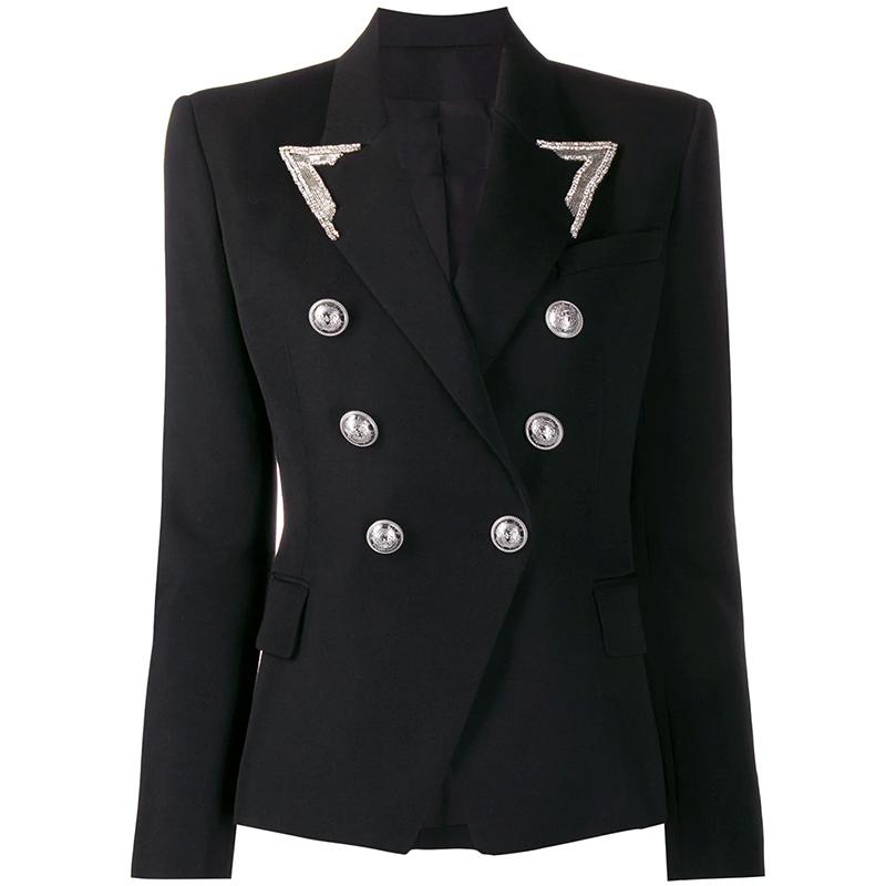 

HIGH STREET 2020 Designer Blazer Women' Strass Beading Collar Double Breasted Lion Buttons Blazer Jacket, Black