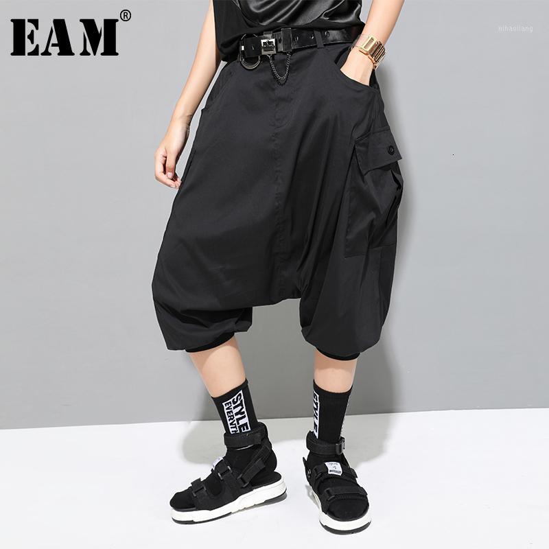 

EAM] High Elastic Waist Black Split Leisure Harem Trousers New Loose Fit Pants Women Fashion Tide Spring Autumn 2020 1H1111