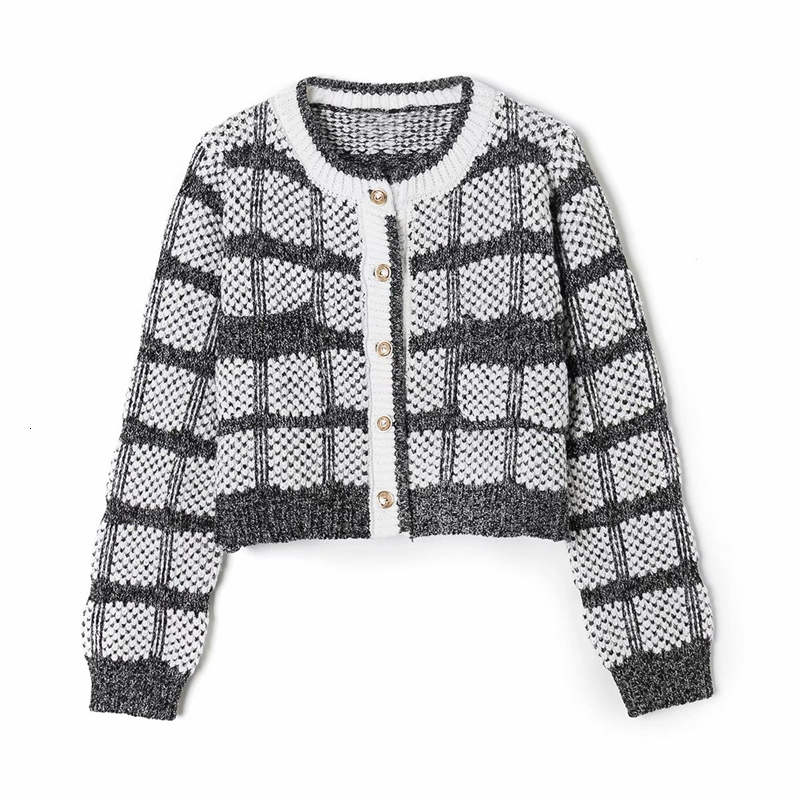 

2021 New Elegant Women O-neck Button Sweater Short Coats Fashion Ladies Plaid Knitted Tops Streetwear Female Chic Pocket Blouse 9wa7, Gray