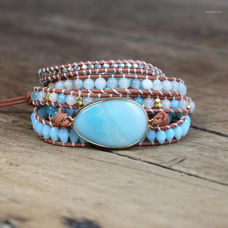 

Amazonite Stone 5 Strand Leather Wrap Bracelet W/ Semiprecious Crystal Beaded Statement Bracelet Boho Jewelry Dropshipping1