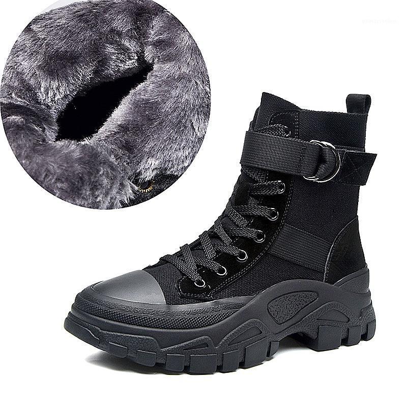 

Women Ankle Boots Black Warm Heels Platform Canvas Motorcycle Boots Fashion Lace Up Autumn Winter Women Shoes VT13961, Black 2