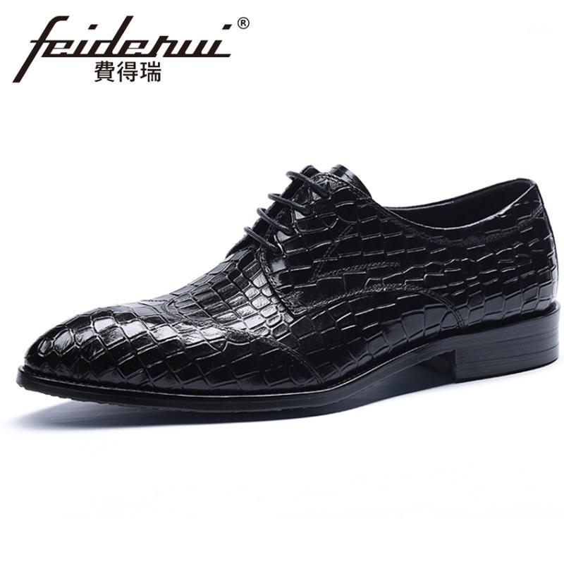 

Genuine Leather Men's Pointed Toe Formal Dress Derby Flats Italian Alligator Pattern Welted Brogue Shoes HMS1471, Black