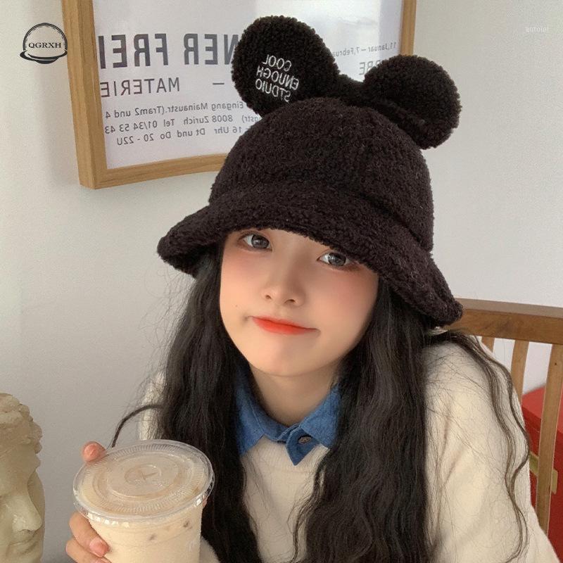 

New Lamb Plush Ear Fisherman Hat Korean Fashion Version Female Cute Autumn and Winter Warmth Thick Student Basin Hat Women1, Black