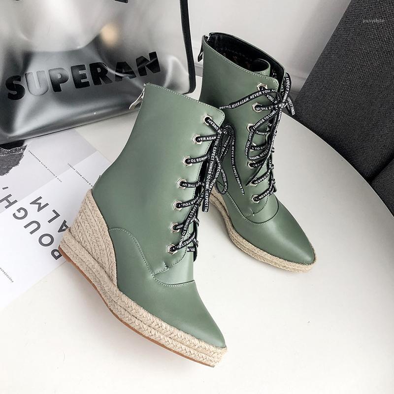 

Wedgesn heels ankle boots woman lace up high heels boots warm autumn winter office ladies dress shoes large size 34-431, Beige