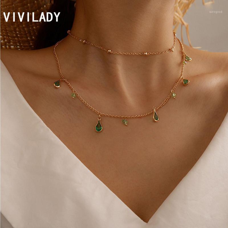 

Chokers VIVILADY Double Layer Round Bead Chain Chic Geometric Green Color Water Drop Imitation Crystal Tassel Women Choker Necklace1