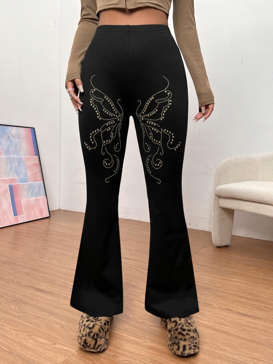 

Rhinestone Butterfly Pattern Flare Leg Pants 88IO#, Black