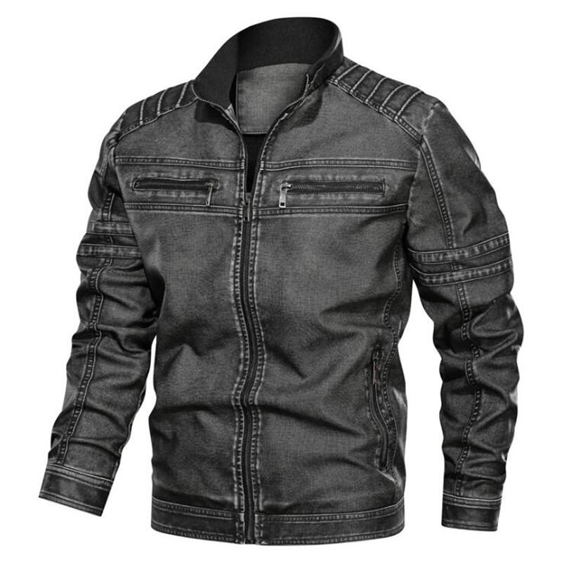 

Men Autumn New Motorcycle Causal Vintage Leather Jacket Coat Men Outfit Fashion Biker Zipper Pocket Design PU Leather Jacket, Black