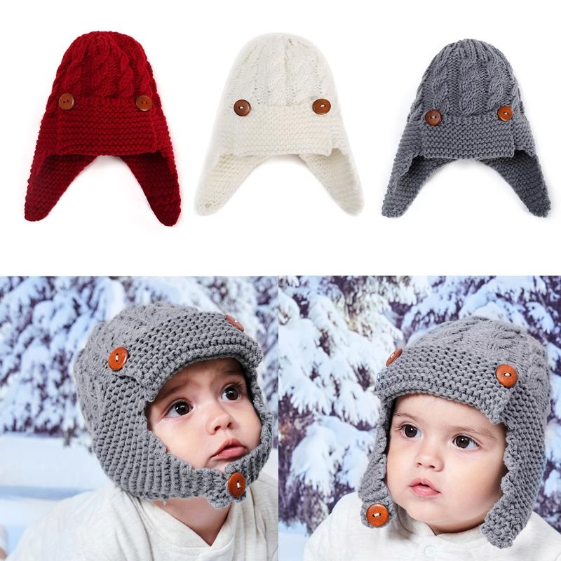 

Toddler Kids Baby Winter Knitted Beanies Trapper Hat Buttons Solid Color Outdoor Windproof Warm Chunky Crochet Infant Cap