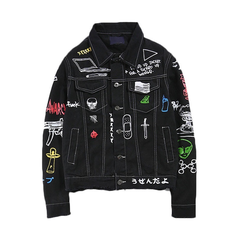 

Men hip-hop cowboy graffiti jackets denim men's clothes turn-down collar jeans cotton outwear loose jacket