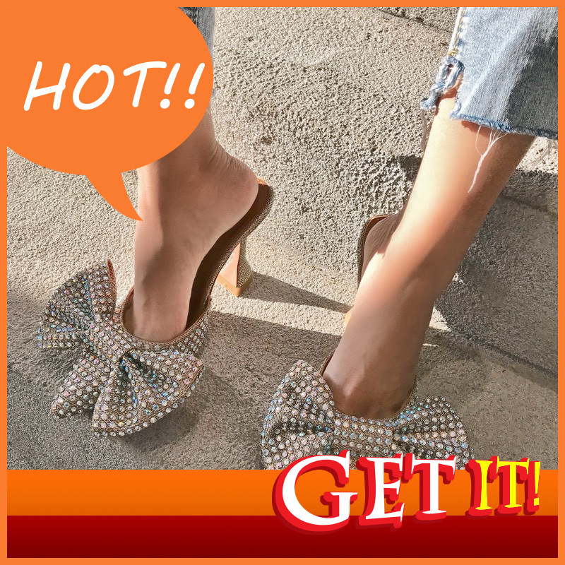 

Bowknot Crystal Large Summer Slippers Ladies Pointed to Toe Ten Heels High Female Mules Dressed in Shoes 8nks, Silver