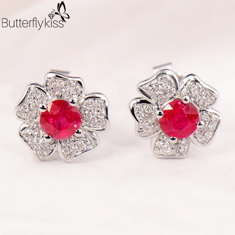 

BK 18k White Gold Stud Earrings Natural Ruby Gemstone 1.22ct Genuine Gold 585 Flower Shape Wedding Fine Jewelry For Women