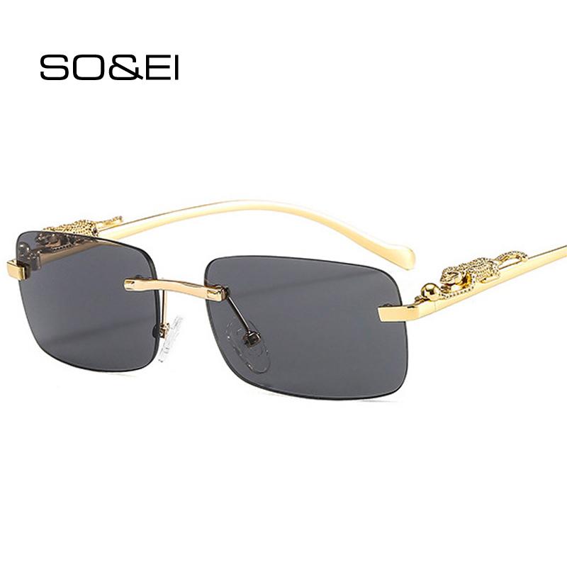 

Sunglasses SO&EI Fashion Rimless Rectangle Women Retro Cheetah Decoration Clear Ocean Lens Eyewear Men Sun Glasses Shades UV400