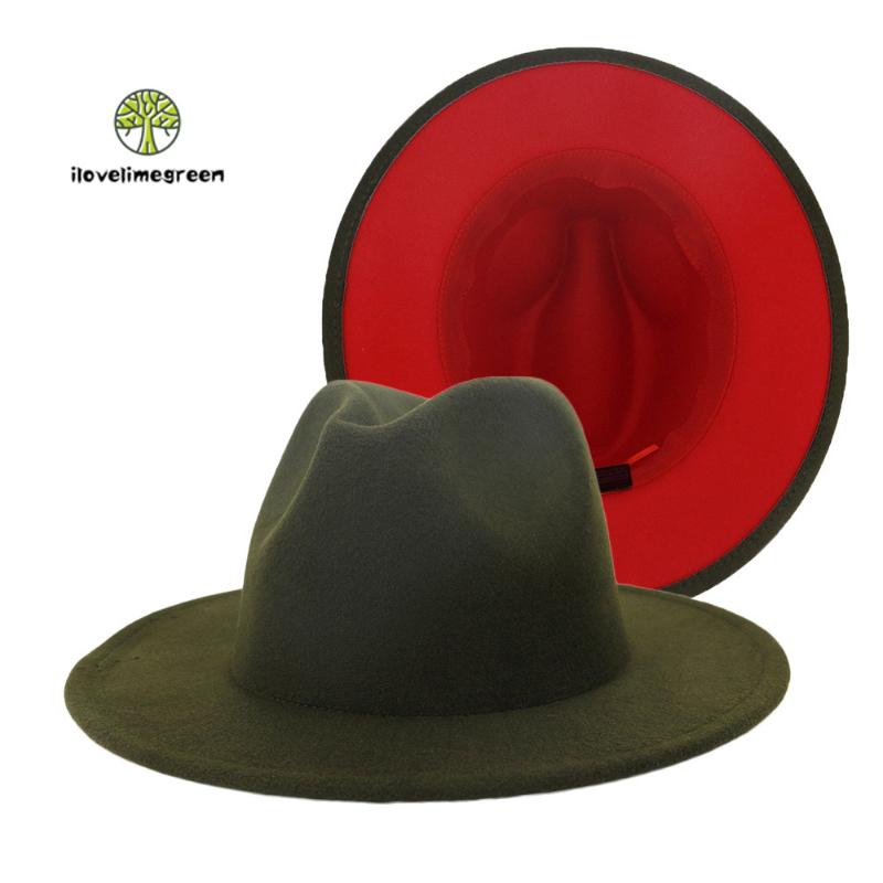 

Wide Brim Hats High Quality British Classic Women Men Elegant Woolen Felt Fedora Hat With Flat Army Green Patchwork, Army green-red