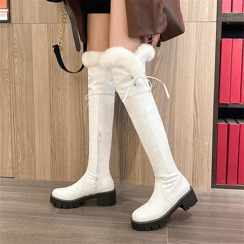 

2021 Women Over Knee Boots Round Toe Plush Thick heel Boots Winter Warm Women Fashion Party Footwear Plus Size 34-431, Black