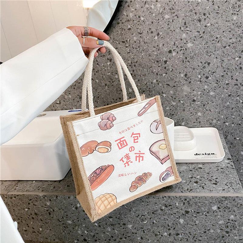 

Causal Tote Bag Woman's Cute Lunch Bento Shopper Bags Shoulder Canvas Handbags Cartoon Printing Lovely Girls Shopping Pocket, Orange
