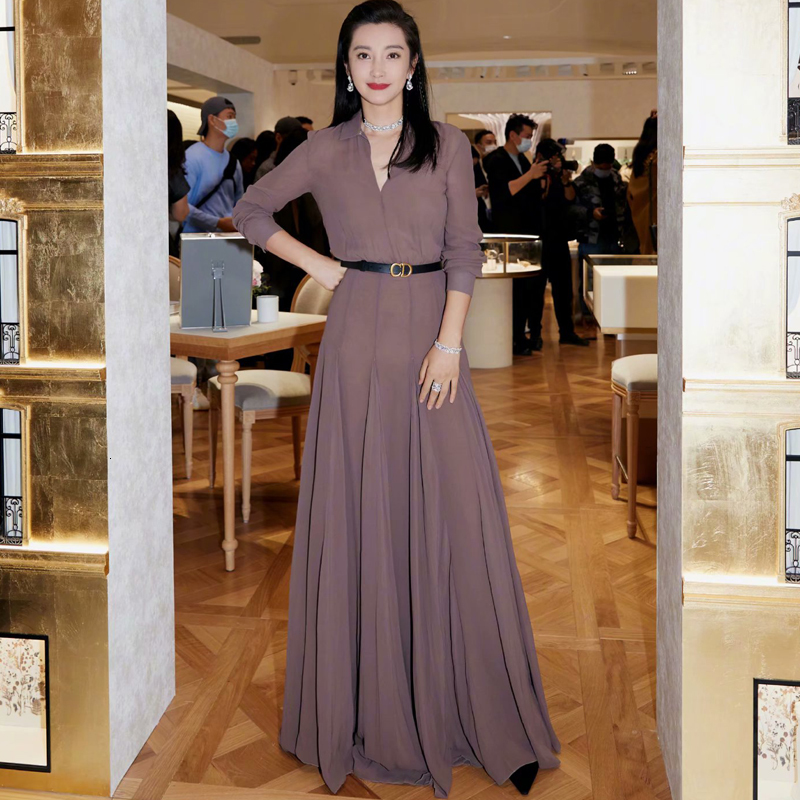 

Spring Style Sexy with Cleavage v Party Elegant Temperament Thin Fitting Belt Long Dress Plied Women' High Quality Clothes Xjw9, Lavender