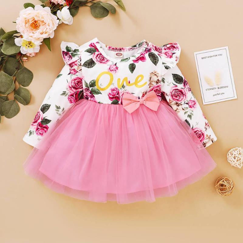 

Baby Girl Fall Dress Toddler Clothes 12 18 Months Long Sleeve Flower Print Bow-tie Tulle Dress Brithday Party Dresses Outfit, One sunflower