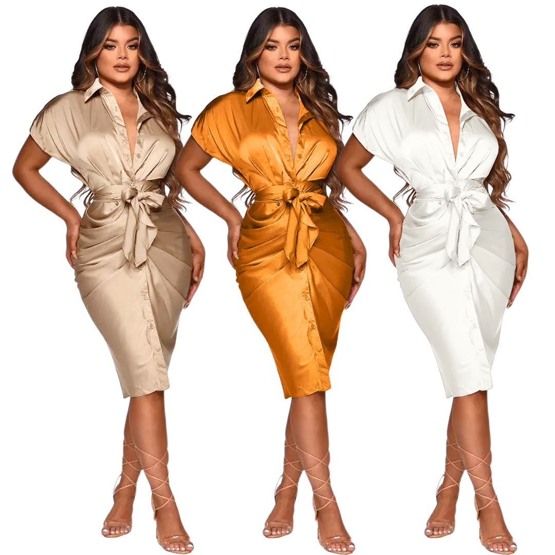 

Button Up White Shirt Dress Women Turn-down Collar Pockets Satin Party Stacked Dress Autumn Bodycon Casual Workout Vestidos, Gold
