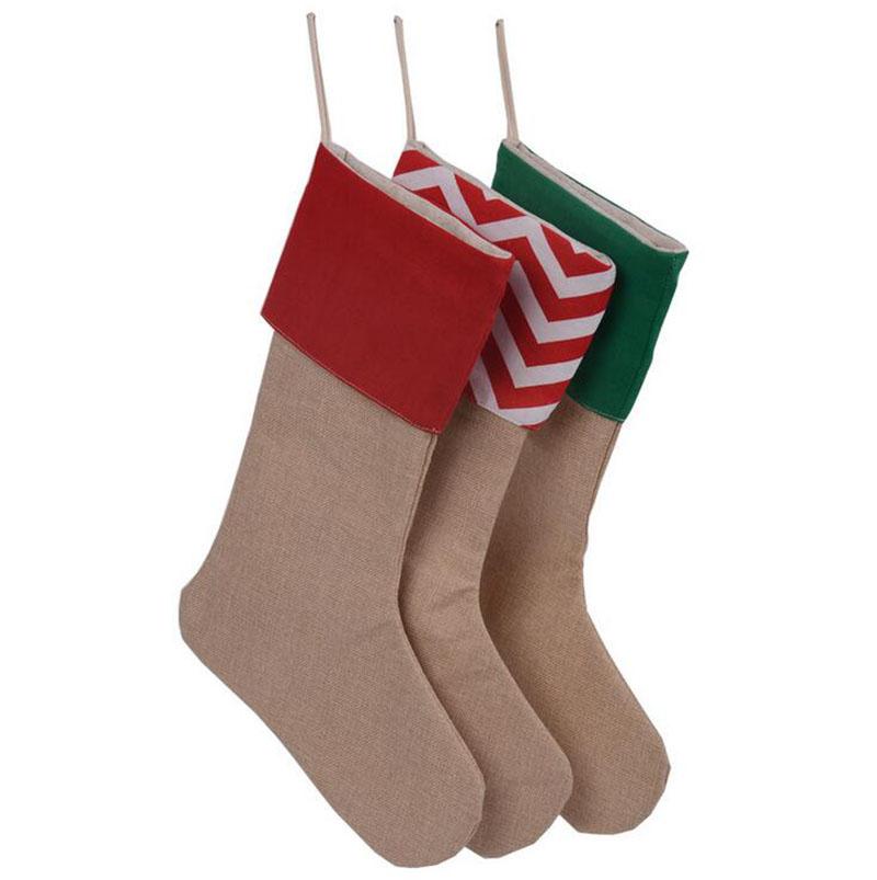 

100pcs/lot 2020 Personalized Christmas Stockings Gifts mix 7 Design Burlap Cotton Striped Socks For Xmas Tree Decoration