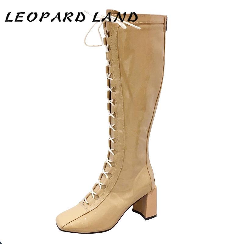 

LEOPARD LAND Winter New Patent Leather Boots Below The Knee Slimming Thick Heel Boots Lace-up Women's High Heels -365-1, Khaki