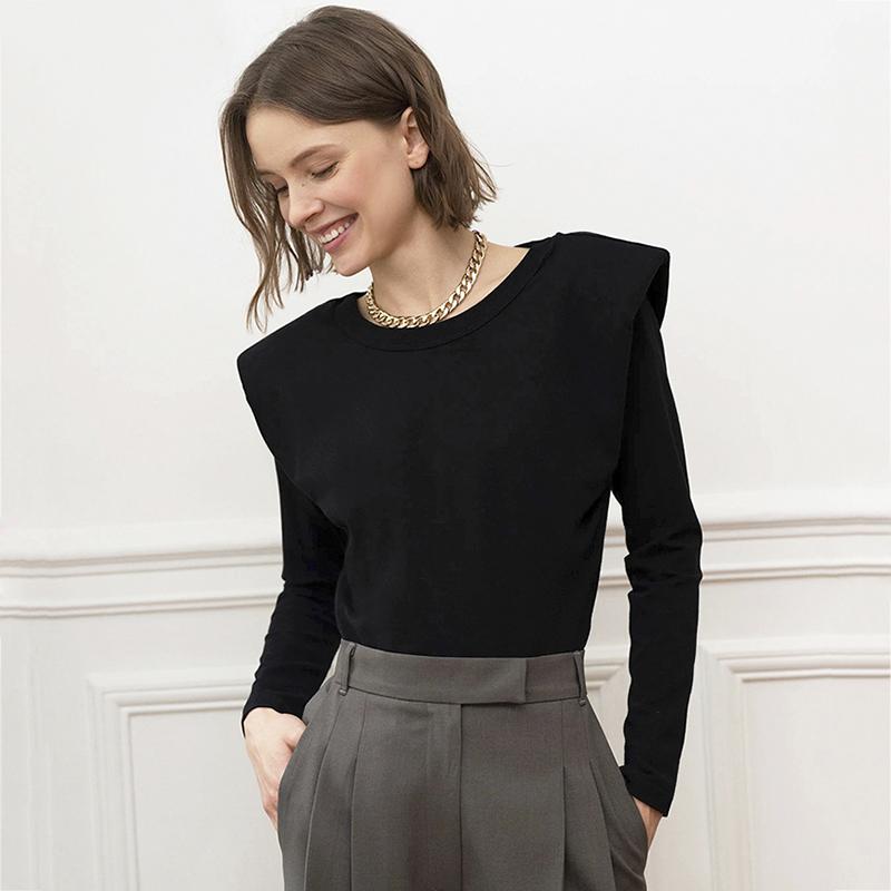 

2020 New Fashion Pads Shoulder Top Women Graceful Long Sleeve T-Shirts Ladies Solid Color Top for Work Daily Wear Autumn Spring, Black