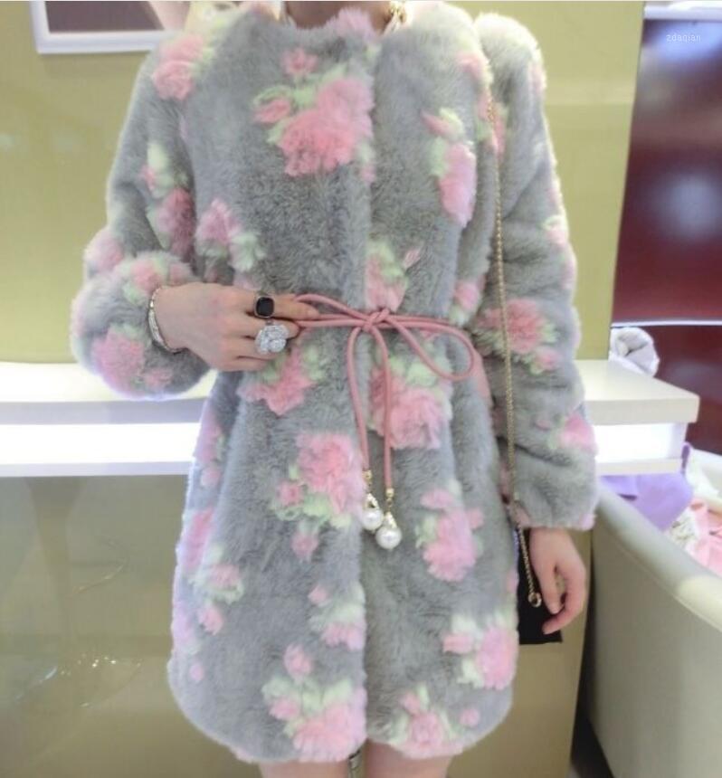

Fashion faux fur coats women' jacket luxurious 3D wild rose three-dimensional flower fur coat new female belt outwear soft warm1, As photo 1