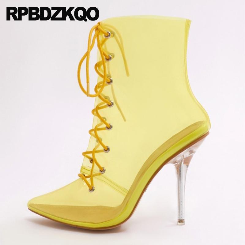 

shoes pvc booties pointed toe transparent women front lace up casual ankle boots autumn fetish big size high heel stiletto clear, Nude