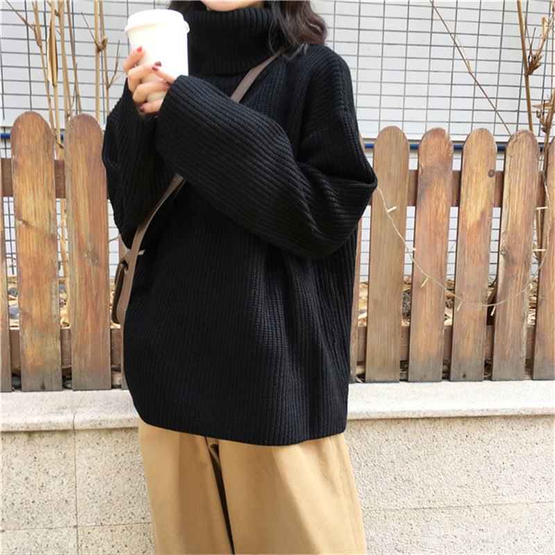 

2021 Autumn and Winter New Thick Nightgown Female Joker Loose Lazy Wind Solid Turtleneck High Tide Sweater TUB3, Pink