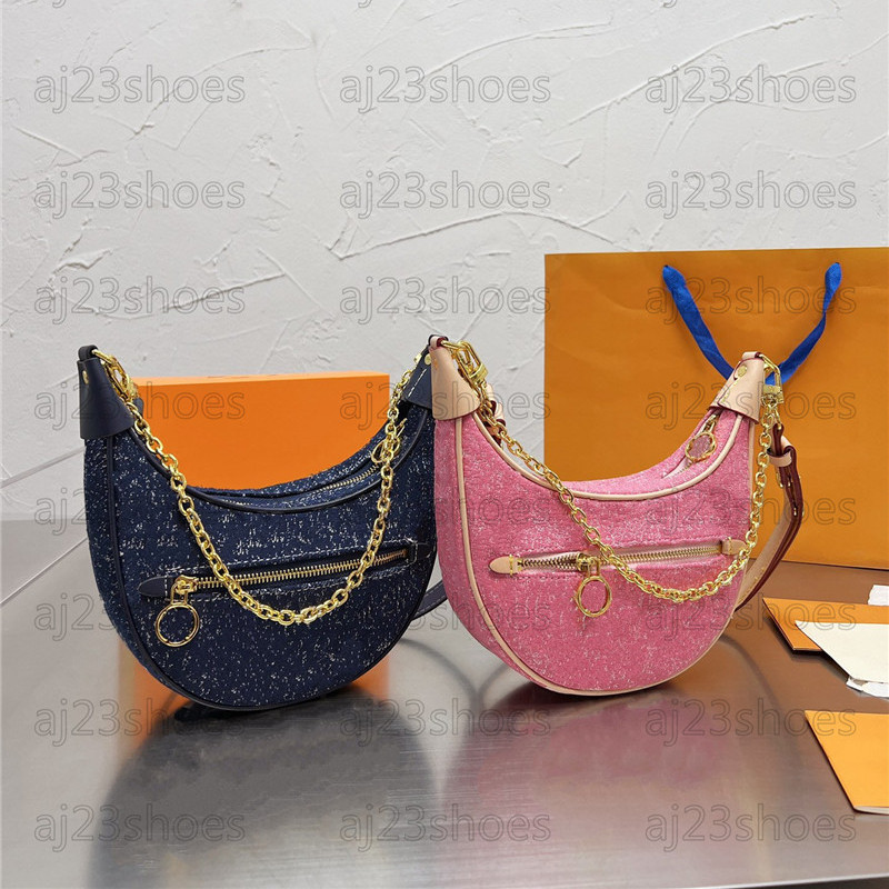 

M81166 2022 show designer Bag half-moon Loop baguette handbag jacquard weave Monograms pattern navy-blue leather trim removable pink chain s