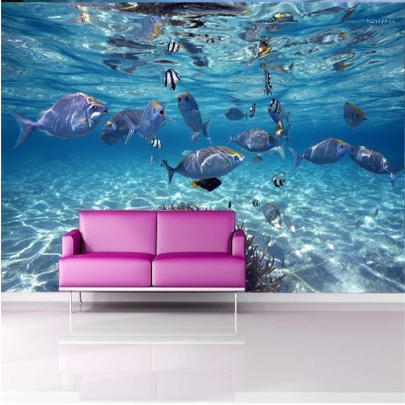 

3D Underwater World Blue Ocean Fishes Photo Wallpaper Custom Stereo Cartoon Non-Woven Mural Kids Bedroom Living Room Wall Papers1, Silk cloth