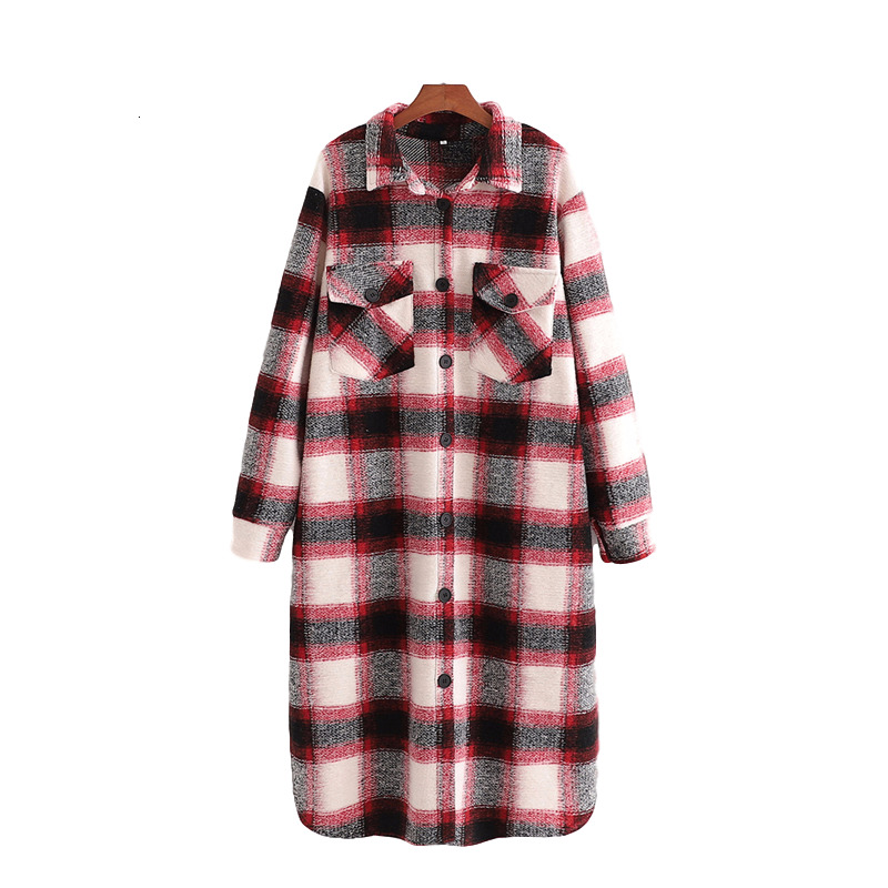 

2021 New Streetwear Vermelho Xadrez Moda Senhoras Bolso Longo Causal Feminino Boto Solto Casaco Chique Menina Casacos Mey6, Red